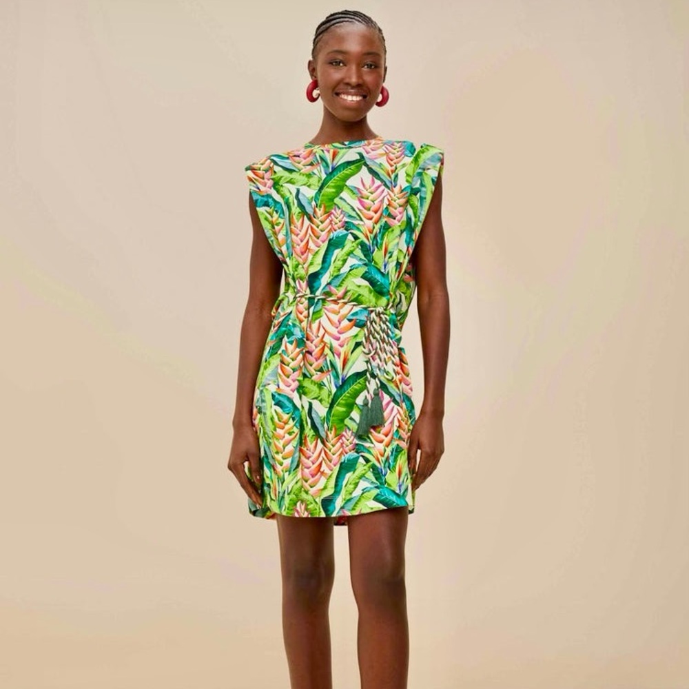NEW FARM Rio Off-White Heli Leaves Organic Cotton T-Shirt Mini Dress Size M